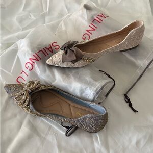 Stylish Beige/Brown and Blue/Gold Tone Women's Flats with Bow